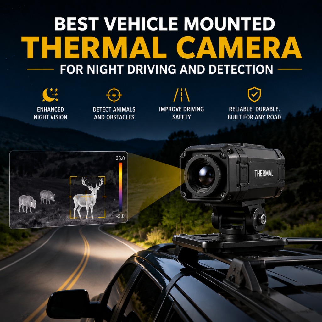 Vehicle-mounted thermal camera displaying a road and detected objects in low-light night driving conditions