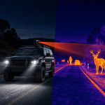 Thermal camera mounted on a vehicle detecting pedestrians and wildlife on a dark road at night