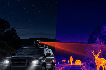Thermal camera mounted on a vehicle detecting pedestrians and wildlife on a dark road at night