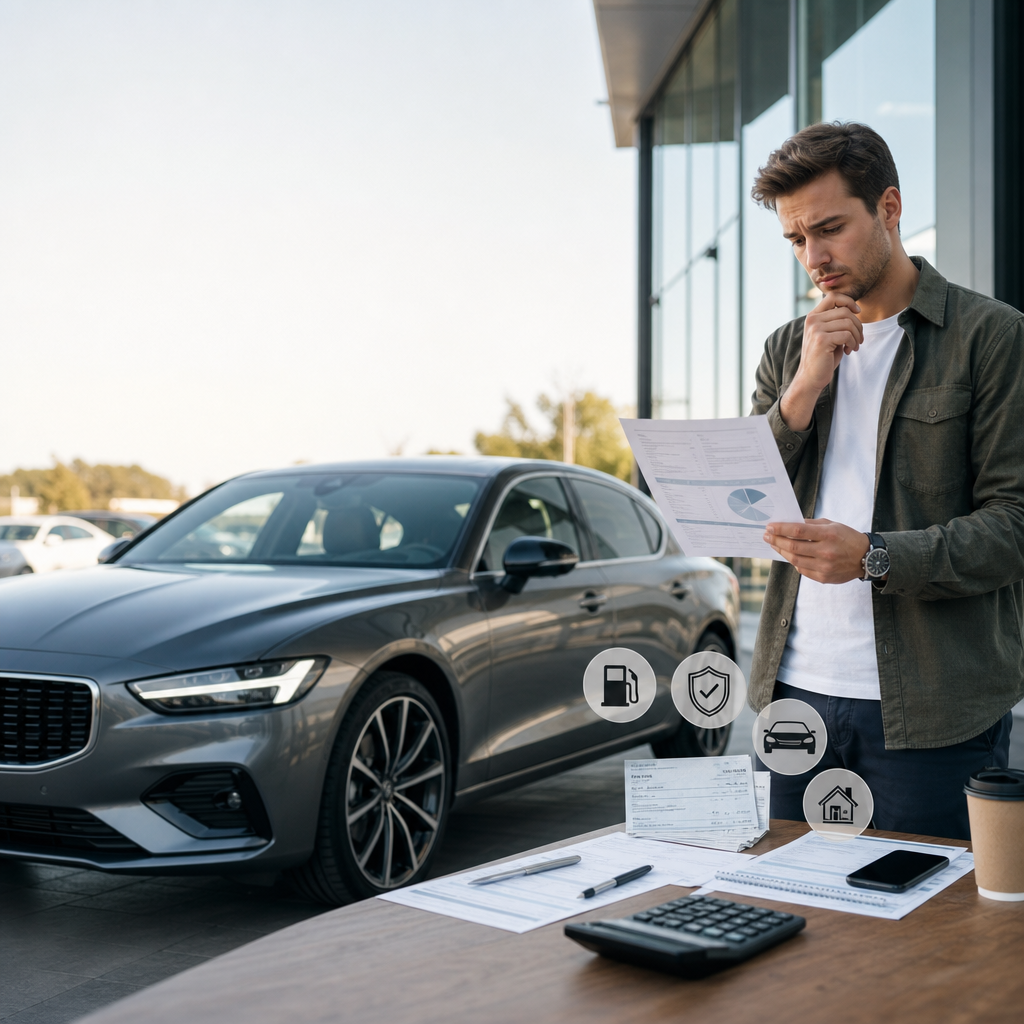 Man reviewing car insurance documents beside a modern gray sedan