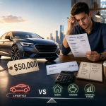 Man reviewing a monthly budget and paycheck while considering whether he can afford a $50,000 car.