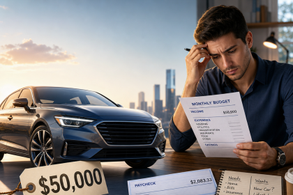 Man reviewing a monthly budget and paycheck while considering whether he can afford a $50,000 car.