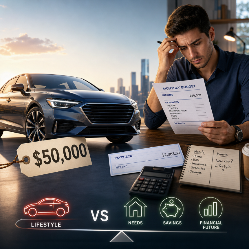Man reviewing a monthly budget and paycheck while considering whether he can afford a $50,000 car.