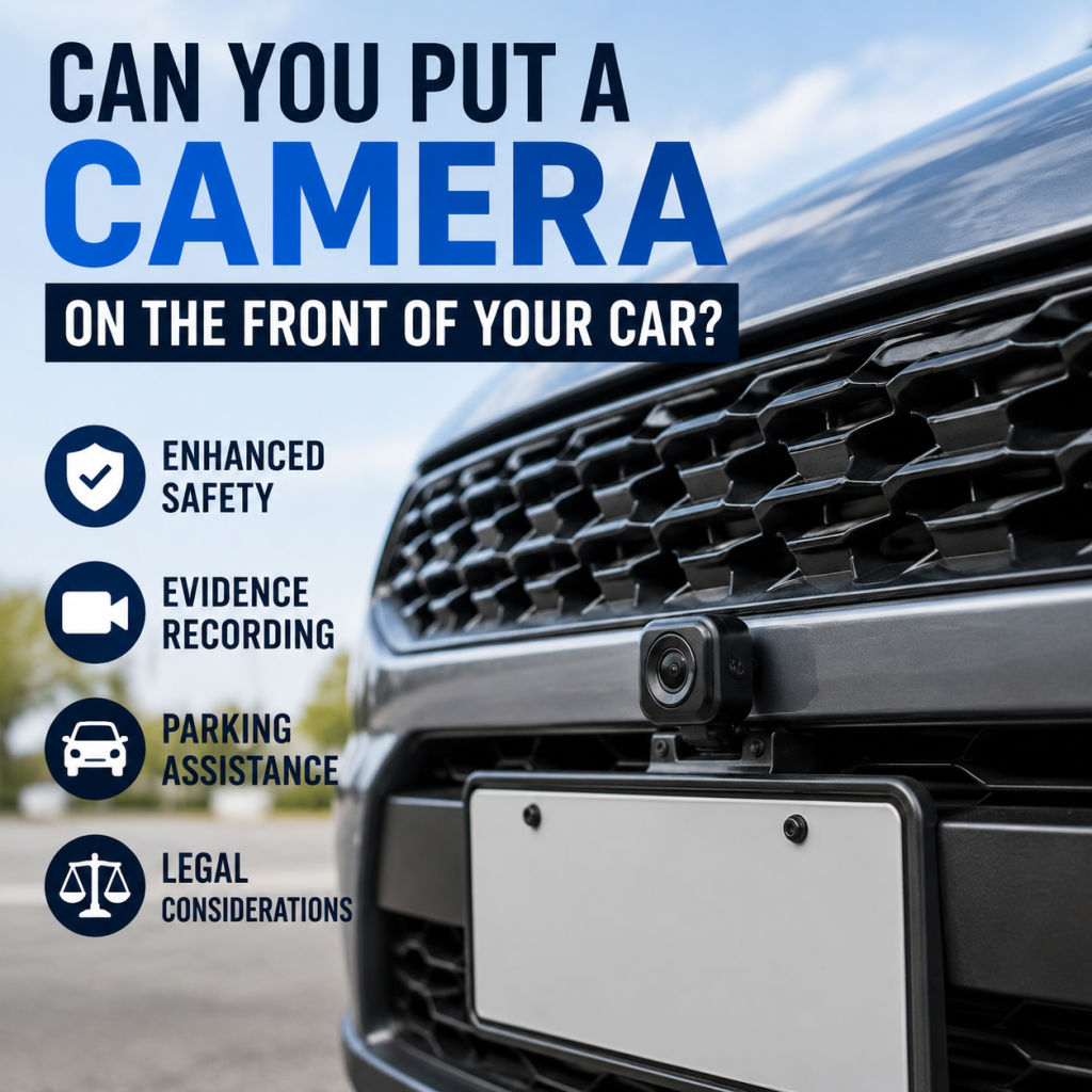 Front-mounted car camera on a vehicle grille, showing road recording for safety and parking assistance.