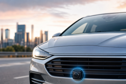 Front view of a silver car with a front-facing camera on an urban road at sunset