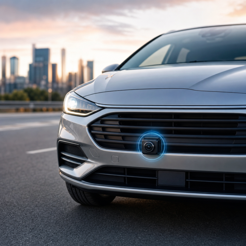 Front view of a silver car with a front-facing camera on an urban road at sunset