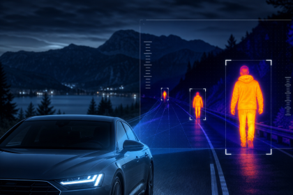 Autonomous car using thermal imaging to detect pedestrians on a dark mountain road
