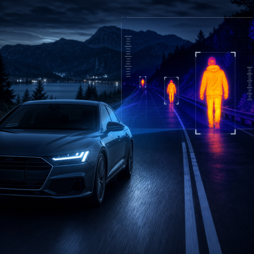 Autonomous car using thermal imaging to detect pedestrians on a dark mountain road