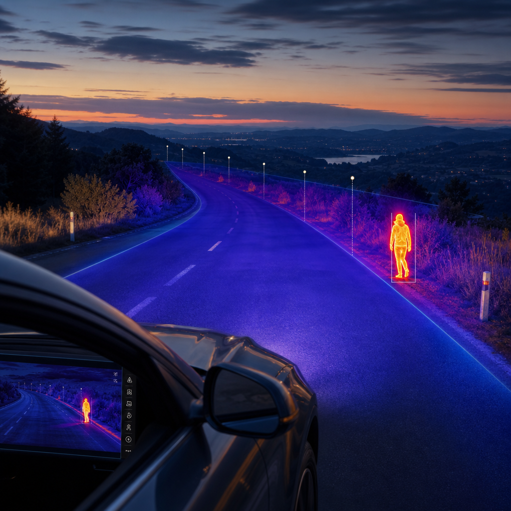 car thermal camera detect pedestrians - Car with thermal pedestrian detection driving on a winding road at dusk