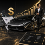 Sleek black sports car beside financial documents and a businessman symbolizing wealth and income growth