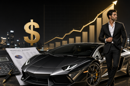 Sleek black sports car beside financial documents and a businessman symbolizing wealth and income growth