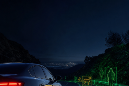 Car on a dark road with night vision and pedestrian detection display visible
