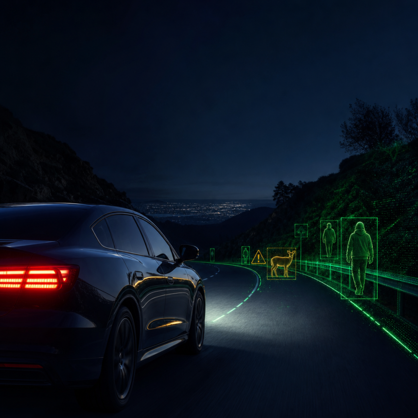 Car on a dark road with night vision and pedestrian detection display visible