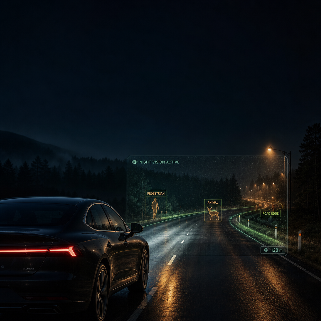 Car night vision display highlighting pedestrians, animals, and bicycles on a wet road at night
