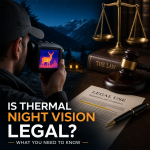 Man using a thermal night vision device with legal books and scales of justice in the background