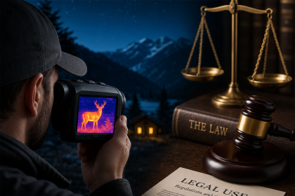 Man using a thermal night vision device with legal books and scales of justice in the background