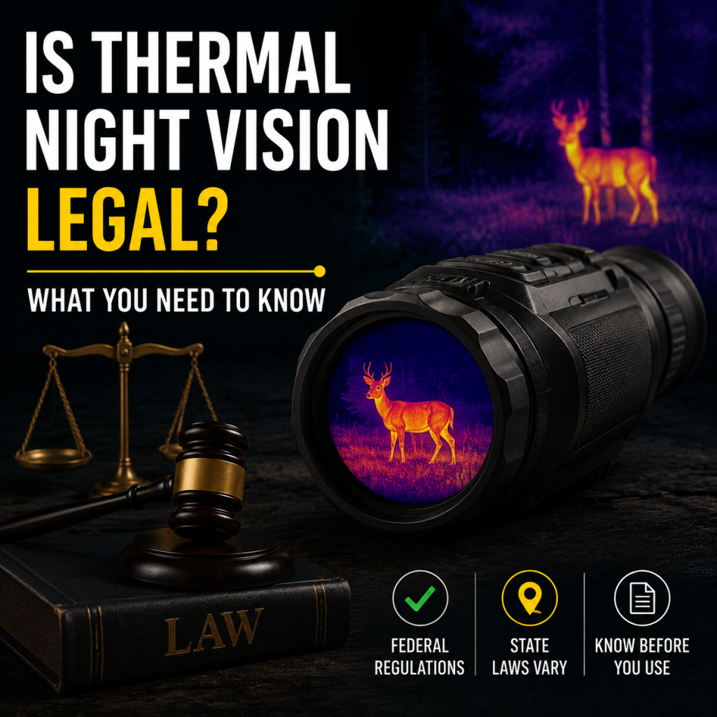 Illustration of a thermal night vision device with legal and regulatory symbols, about night vision laws