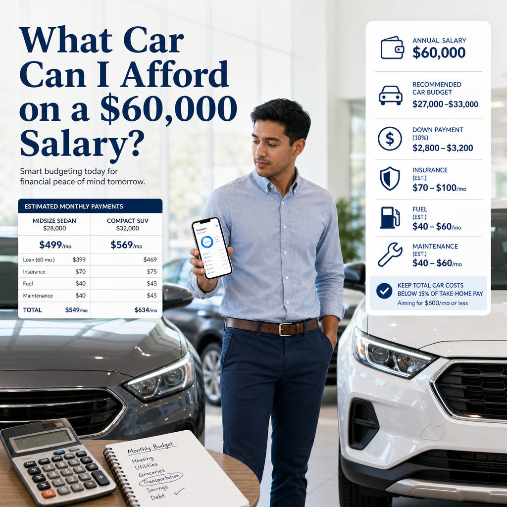 Man using a car affordability calculator app in a dealership beside two cars and financial documents