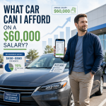 Man standing beside a car holding a phone, with a guide to affordable cars for a $60,000 salary