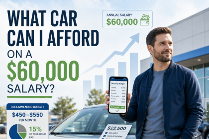 Man standing beside a car holding a phone, with a guide to affordable cars for a $60,000 salary