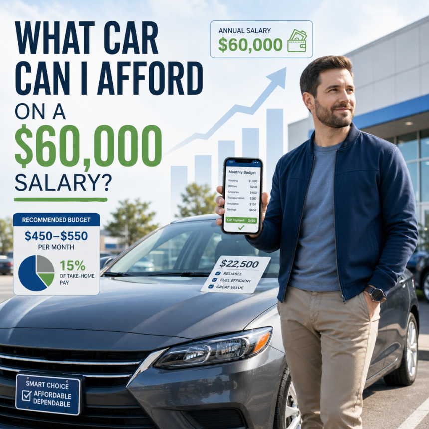Man standing beside a car holding a phone, with a guide to affordable cars for a $60,000 salary