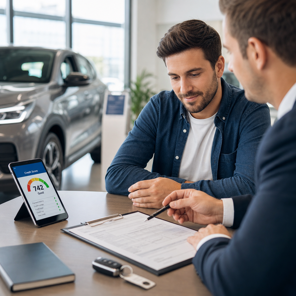 Car salesman discussing financing options with a customer at a dealership.