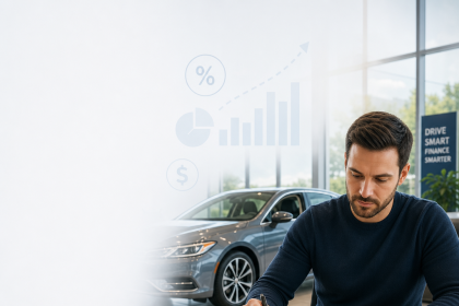Person at a dealership reviewing auto loan estimates to figure out a reasonable car payment.