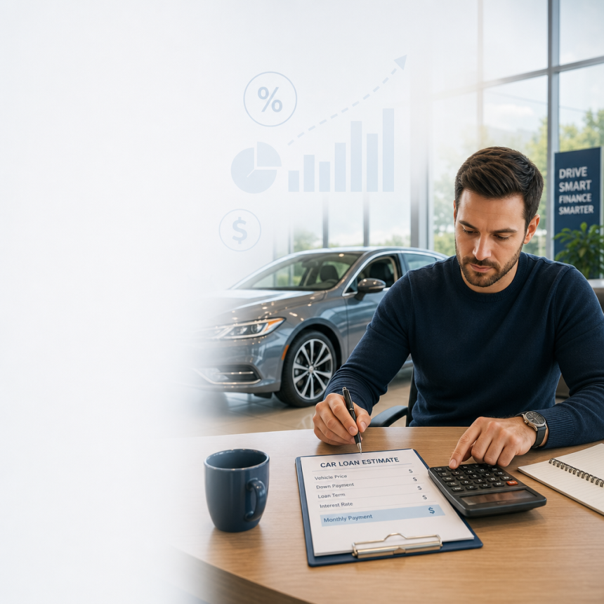 Person at a dealership reviewing auto loan estimates to figure out a reasonable car payment.