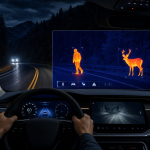 Thermal night vision car dashboard showing a pedestrian and deer on a dark forest road
