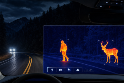 Thermal night vision car dashboard showing a pedestrian and deer on a dark forest road