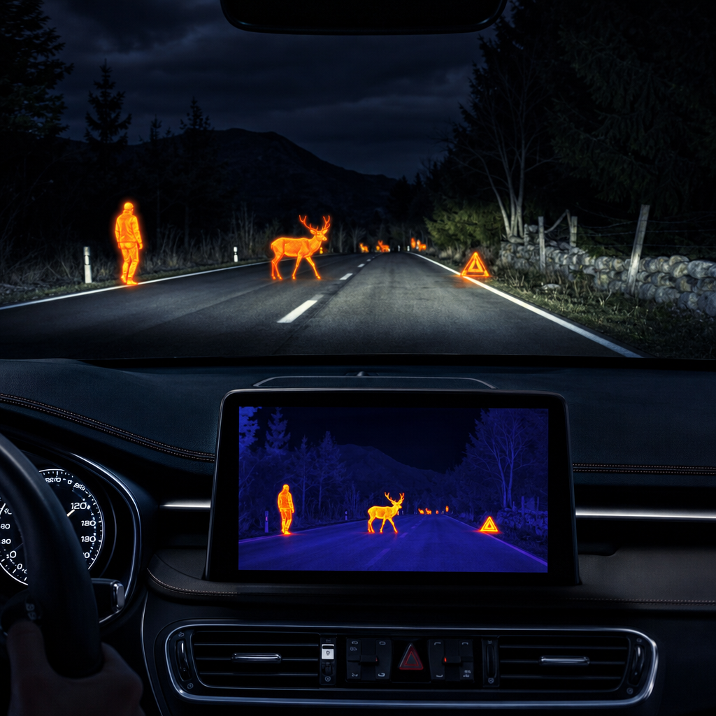 Thermal night vision dashboard showing pedestrians and animals on a dark road for safer driving