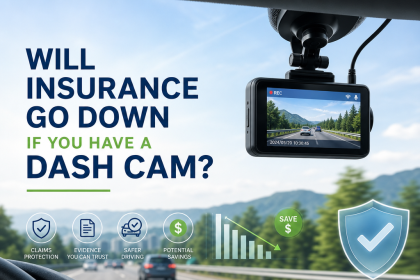Illustration of a car dashboard camera, with text asking if insurance premiums go down with a dash cam.