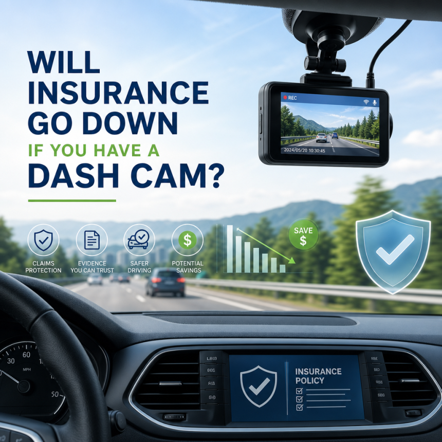 Illustration of a car dashboard camera, with text asking if insurance premiums go down with a dash cam.