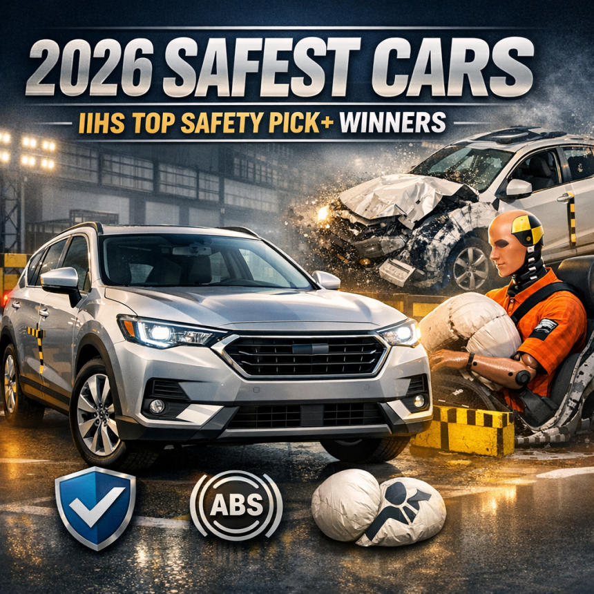 IIHS Top Safety Pick+ winners for 2026 with crash test and safety technology icons