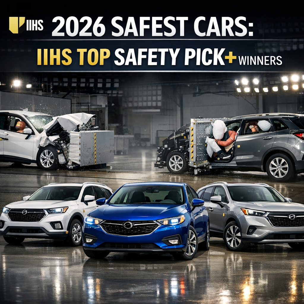 IIHS 2026 Top Safety Pick+ winners displayed with crash test and safety award graphics