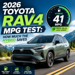 2026 Toyota RAV4 Hybrid shown in MPG test graphic, highlighting 41 MPG fuel efficiency and fuel savings