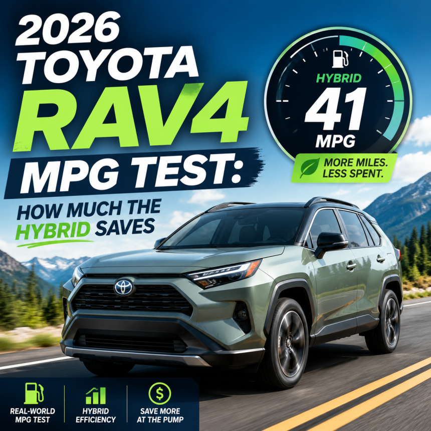 2026 Toyota RAV4 Hybrid shown in MPG test graphic, highlighting 41 MPG fuel efficiency and fuel savings