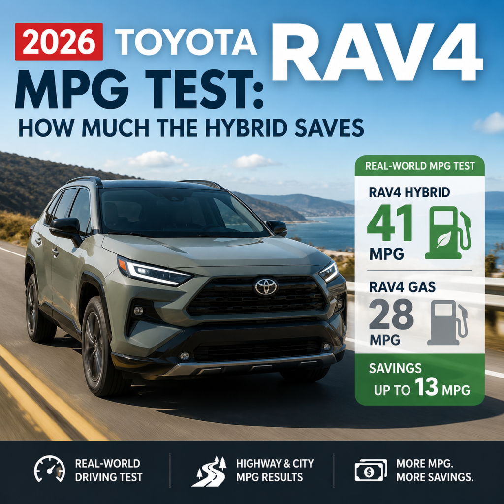 2026 Toyota RAV4 hybrid and gas models compared in an MPG test showing fuel savings