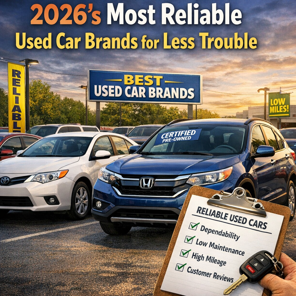Graphic listing 2026’s most reliable used car brands, highlighting dependable, low-maintenance, high-mileage models.