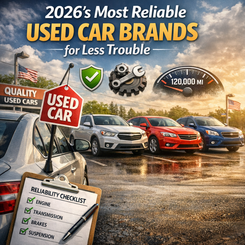 Infographic of 2026’s most reliable used car brands, highlighting engine, transmission, brake, and suspension quality