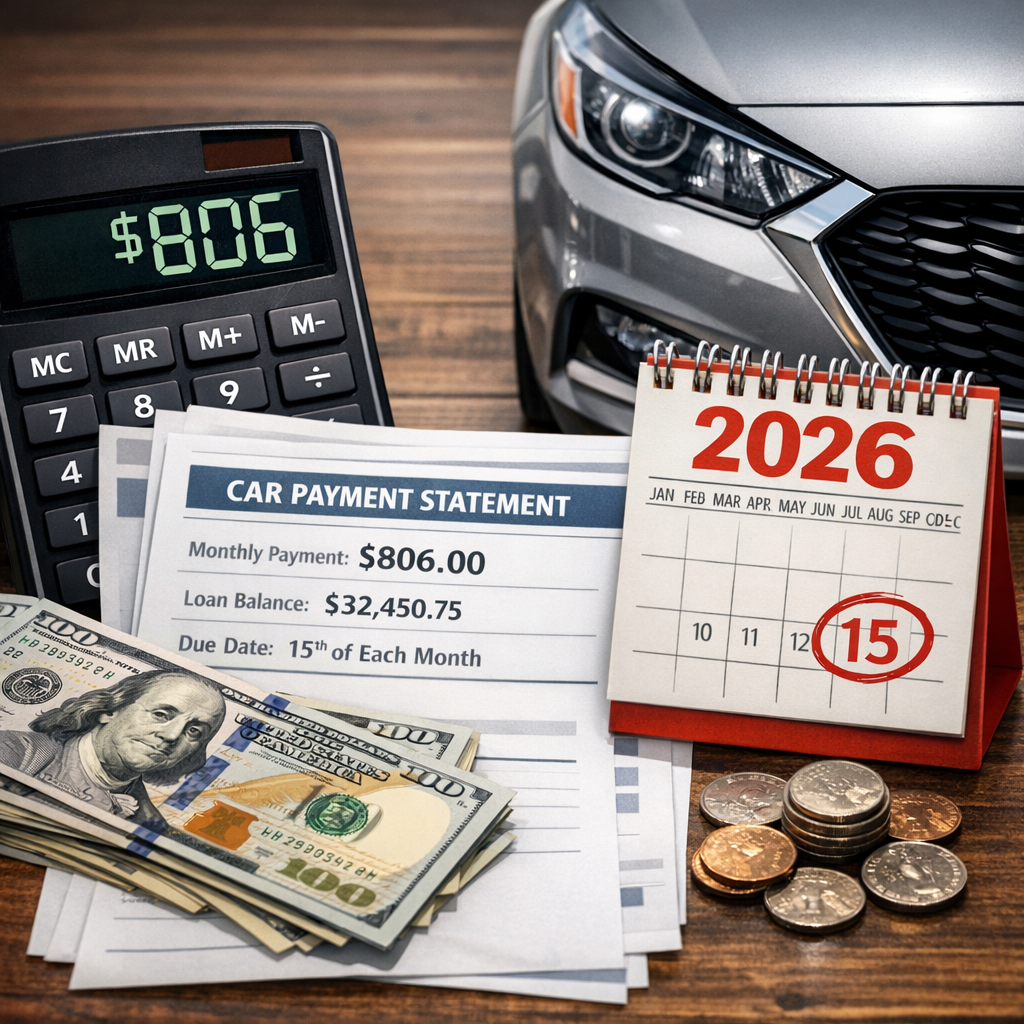 Car payment statement with calculator, cash, coins, and a 2026 calendar highlighting the 15th.