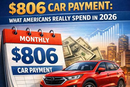 Chart showing the 2026 average monthly car payment in America is $806, with auto loan and financial documents.