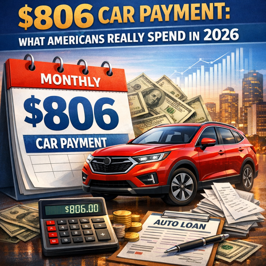 Chart showing the 2026 average monthly car payment in America is $806, with auto loan and financial documents.