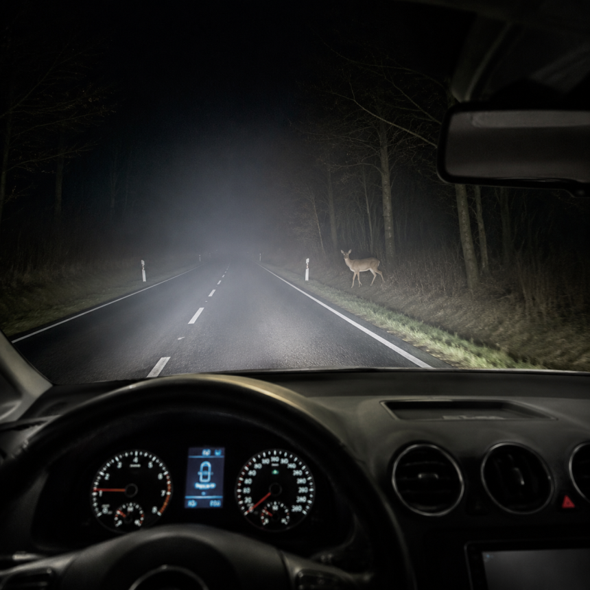 Night driving view of a deer standing by the roadside in car headlights