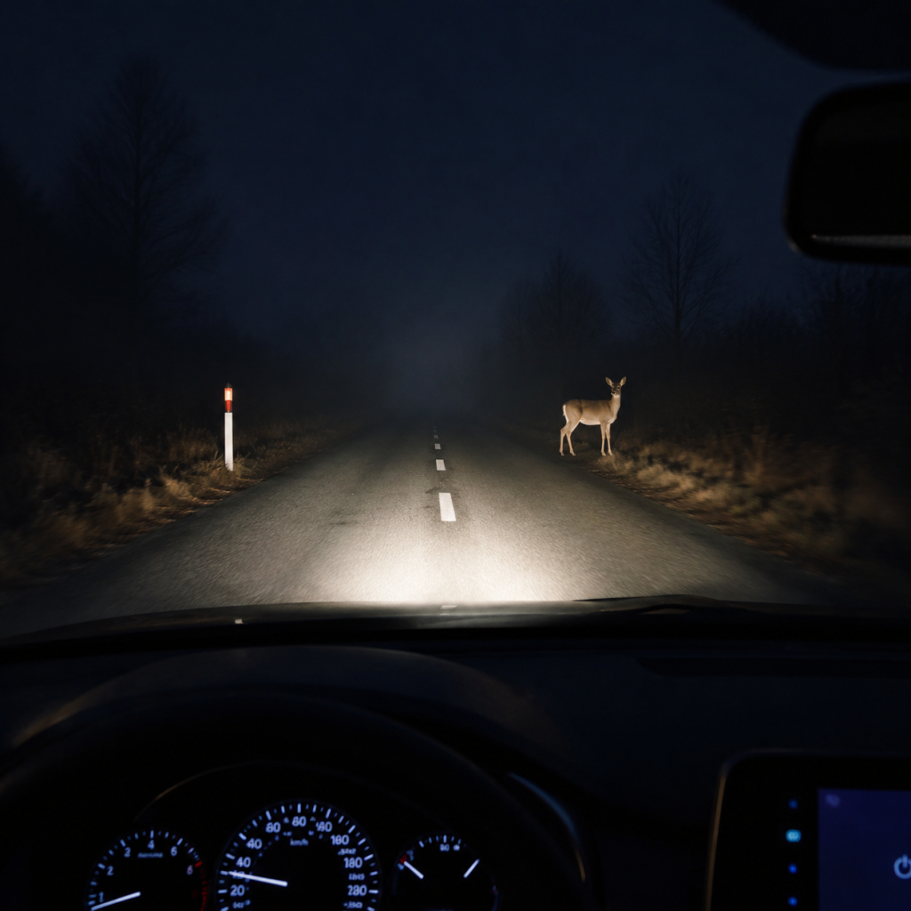 Deer standing beside a rural road at night in car headlights