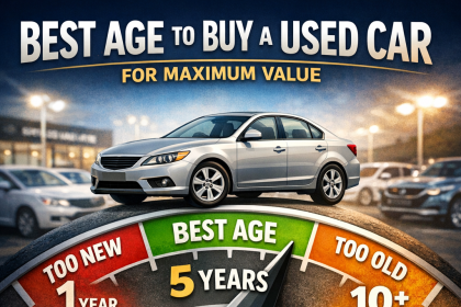 Infographic showing that 5 years is the best age to buy a used car for maximum value.