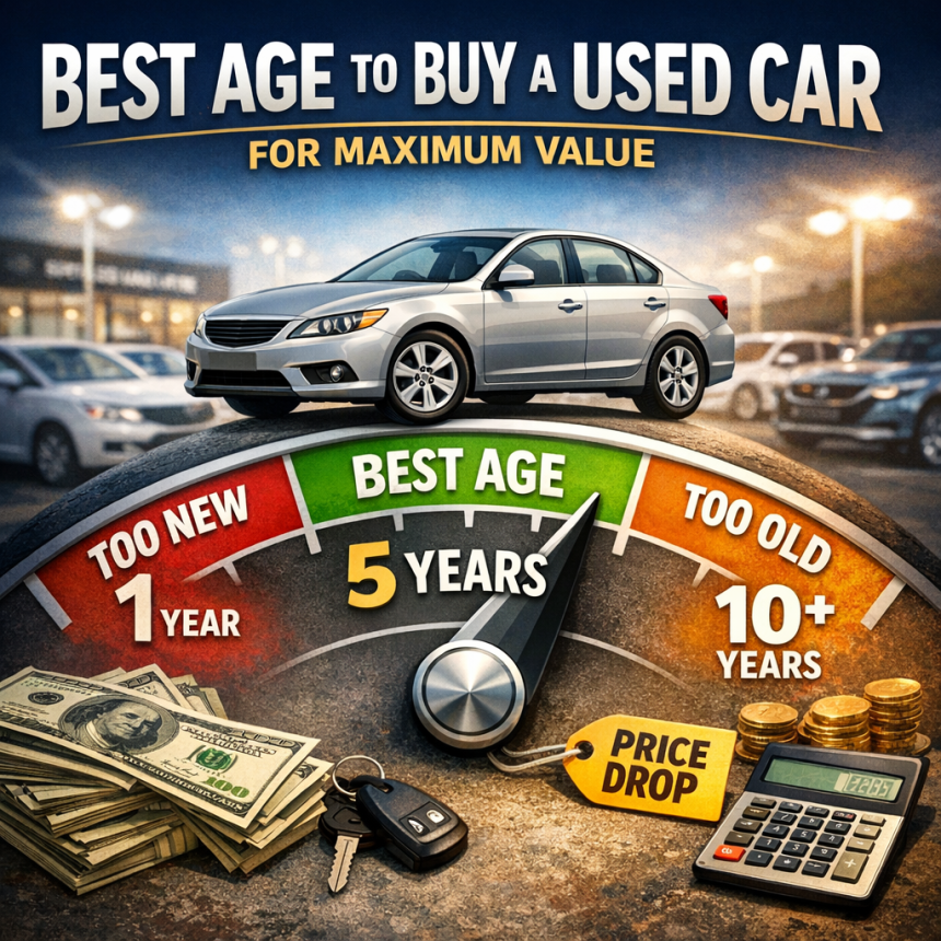 Infographic showing that 5 years is the best age to buy a used car for maximum value.