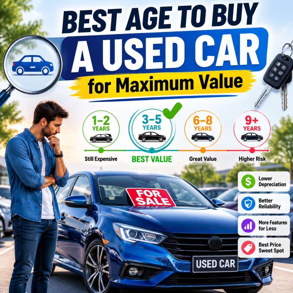 Infographic showing 3 to 5 years as the best age to buy a used car for maximum value