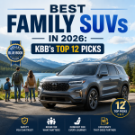 Kelley Blue Book graphic highlighting top 12 family SUVs for 2026 with safety, space, comfort, and efficiency
