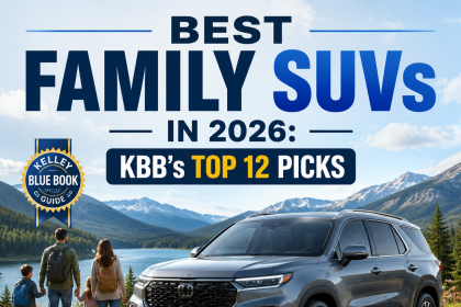 Kelley Blue Book graphic highlighting top 12 family SUVs for 2026 with safety, space, comfort, and efficiency
